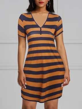 V-Neck Brown Navy Stripe Bodycon Dress