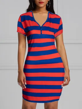 V-Neck Red-Blue Stripe Bodycon Dress