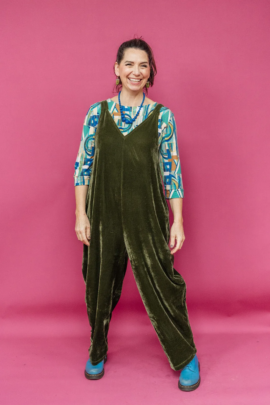 Velvet Dungaree Jumpsuit in Dark Olive