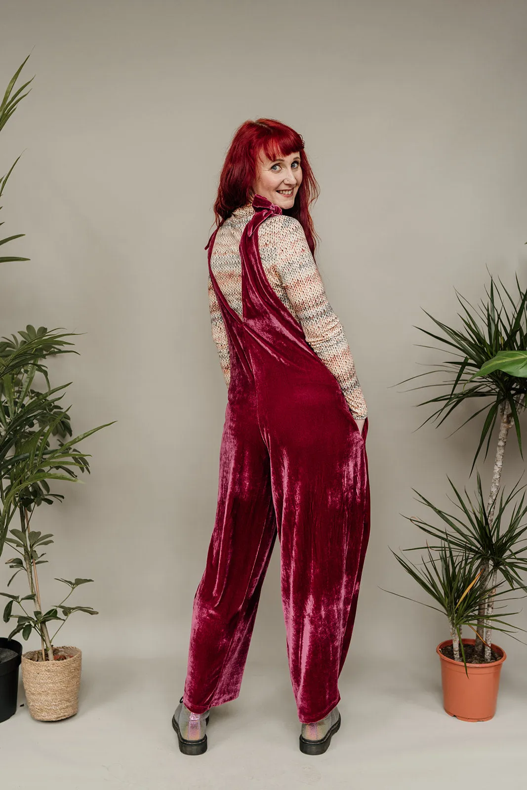 Velvet Dungaree Jumpsuit in Dusty Rose
