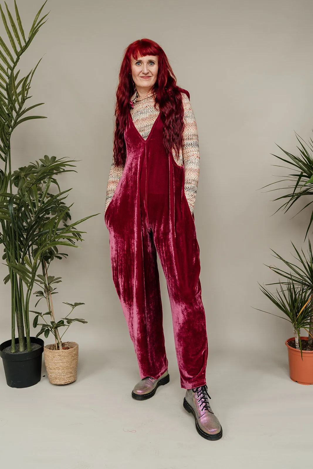 Velvet Dungaree Jumpsuit in Dusty Rose