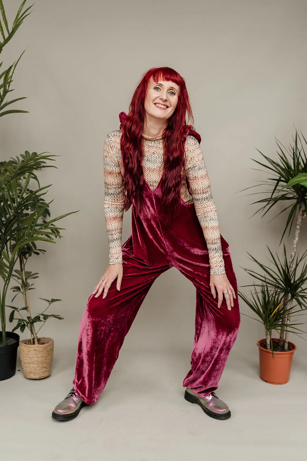Velvet Dungaree Jumpsuit in Dusty Rose