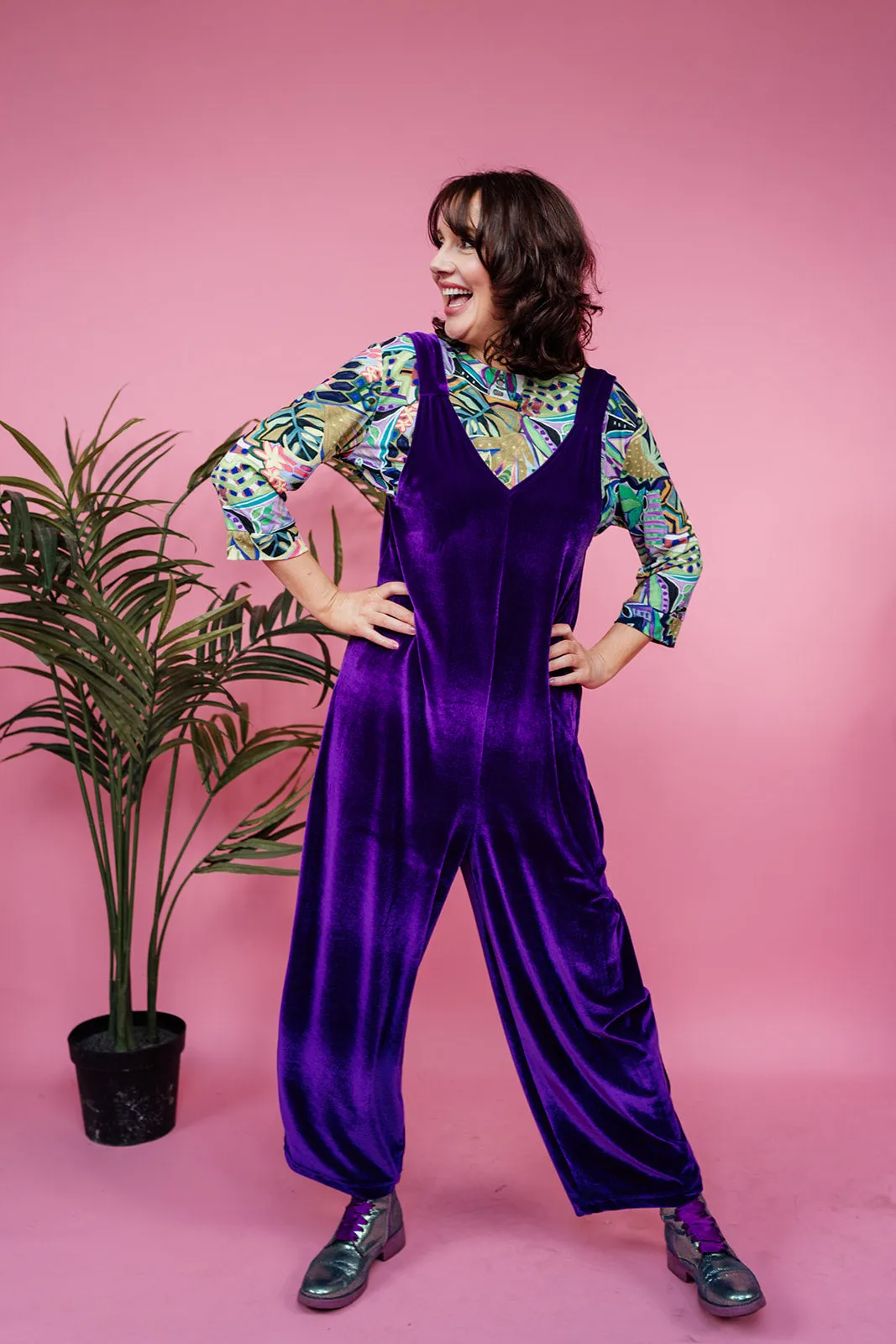 Velvet Dungaree Jumpsuit in Purple