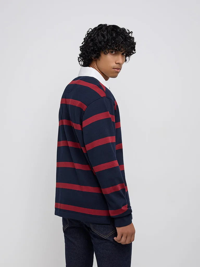 WES Casuals Red Striped Relaxed-Fit Cotton-Blend Sweater