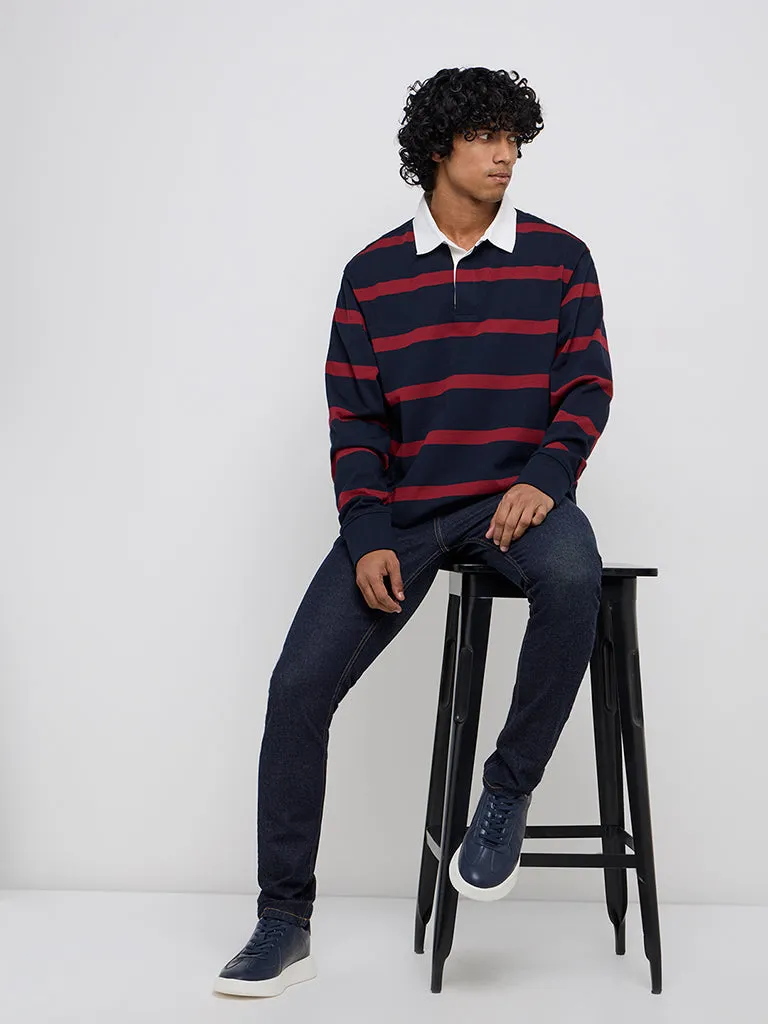 WES Casuals Red Striped Relaxed-Fit Cotton-Blend Sweater