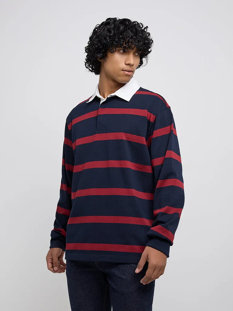 WES Casuals Red Striped Relaxed-Fit Cotton-Blend Sweater