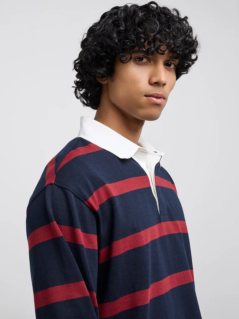 WES Casuals Red Striped Relaxed-Fit Cotton-Blend Sweater