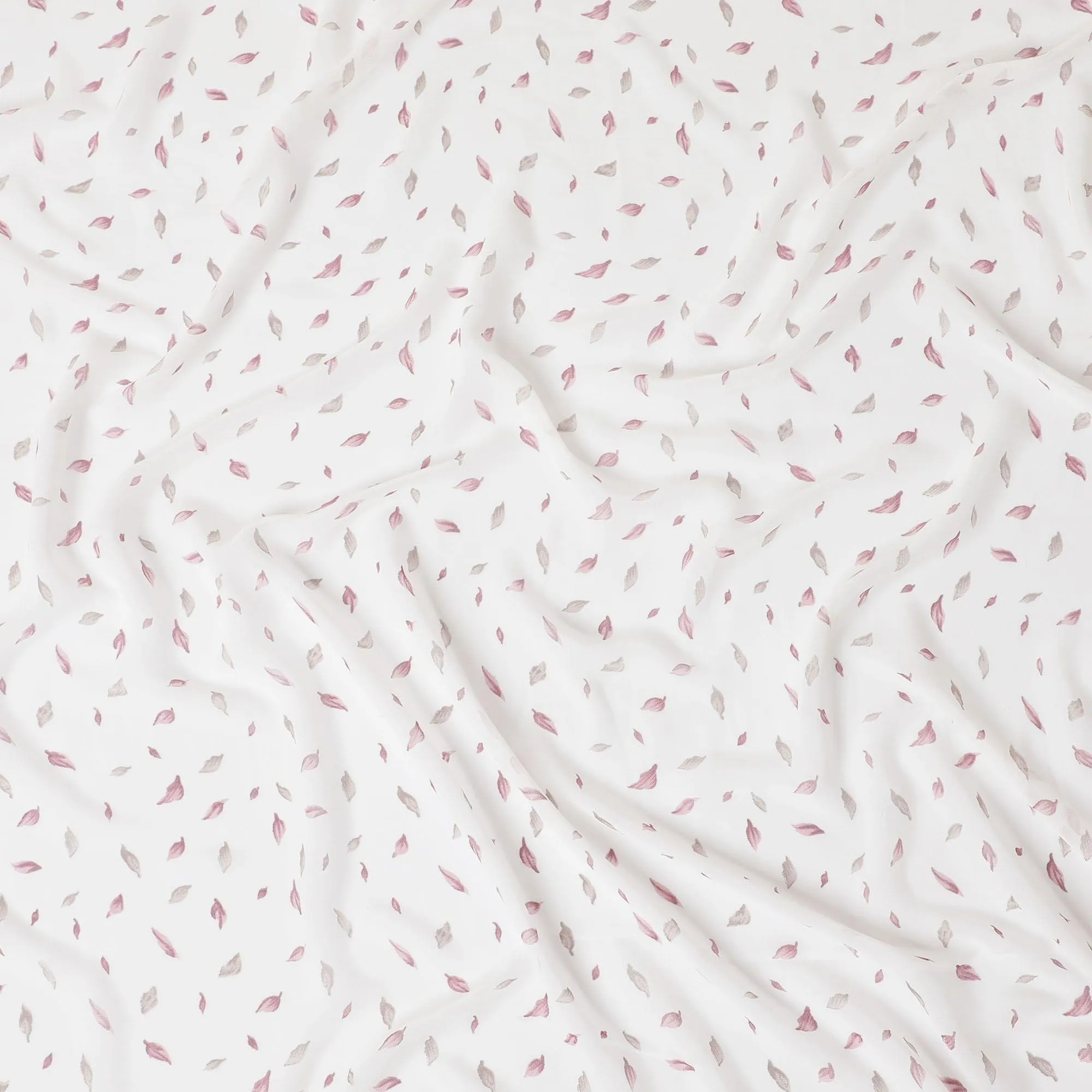 White synthetic georgette fabric with burgundy and pale brown print in fancy design-D13766