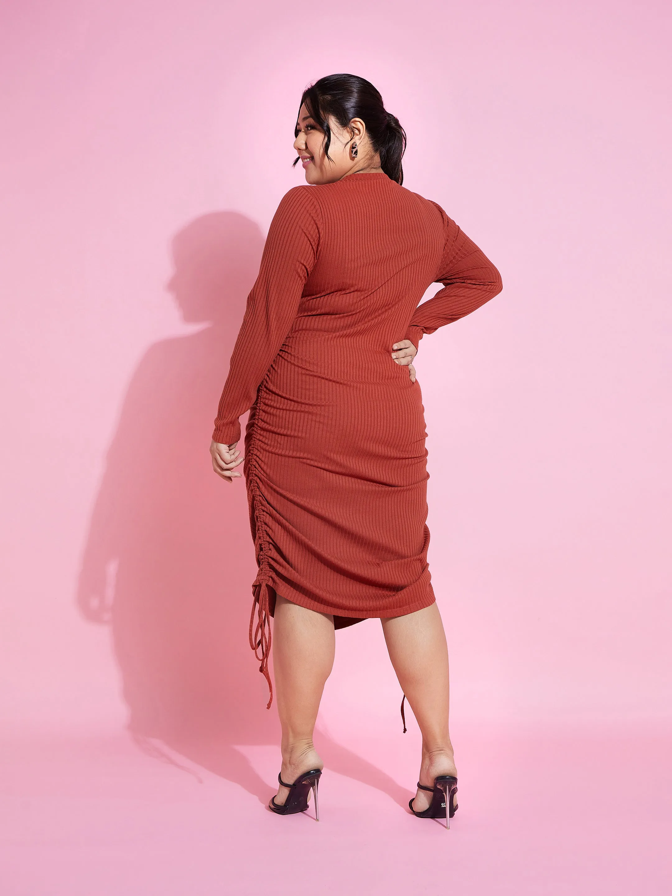 Women Rust Rib Side Ruching Bodycon Dress