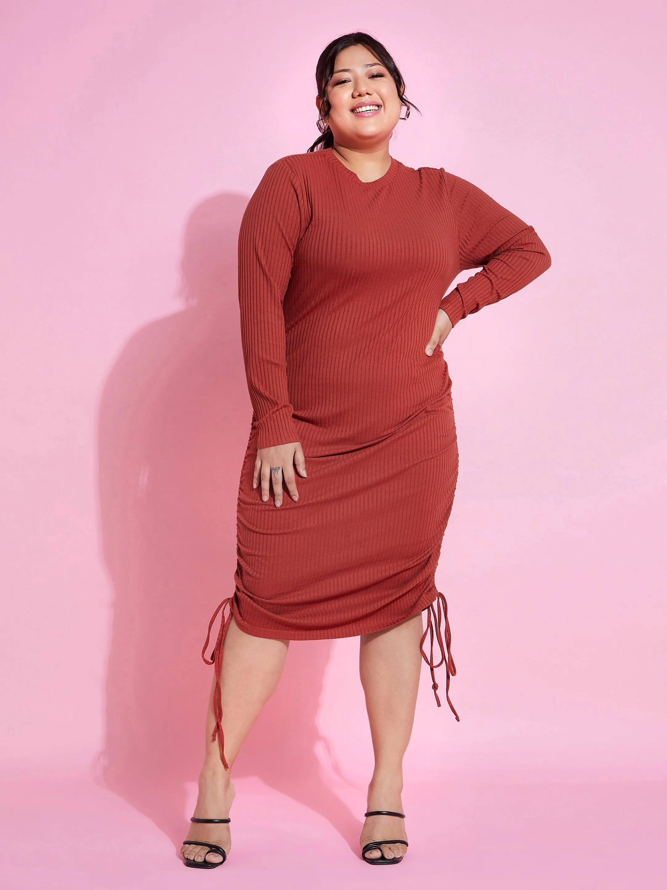 Women Rust Rib Side Ruching Bodycon Dress
